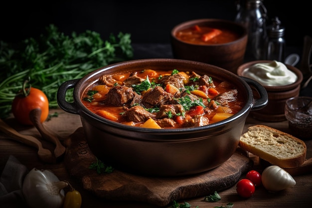 A bowl of stew with meat and vegetables on a table.