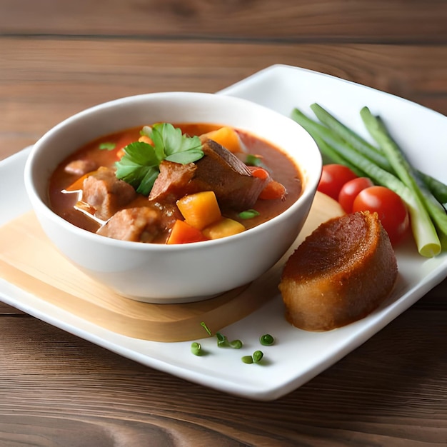 A bowl of stew with a piece of bread and a piece of bread on a plate.