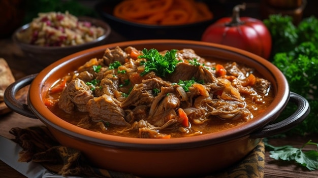 A bowl of stew with a tomato and carrots on the side