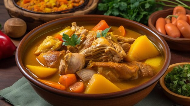 A bowl of stew with vegetables and meat