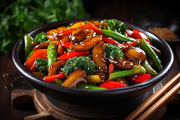 Photo a bowl of stir fry with broccoli and mushrooms