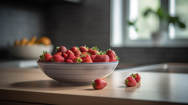 A bowl of strawberries on a counter with a knife next to it.