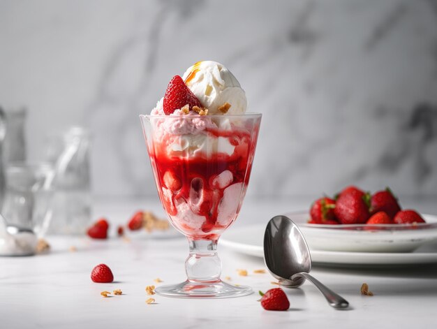 A bowl of strawberries and cream with a spoon on the table