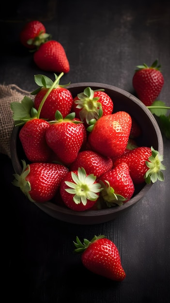 A bowl of strawberries on a dark background
