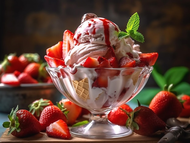 Bowl of strawberries and ice cream with a green leaf on the top