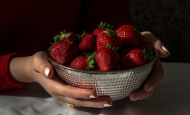 A bowl of strawberries is held by a woman