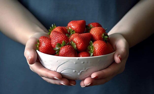 A bowl of strawberries is held in someone's hands.