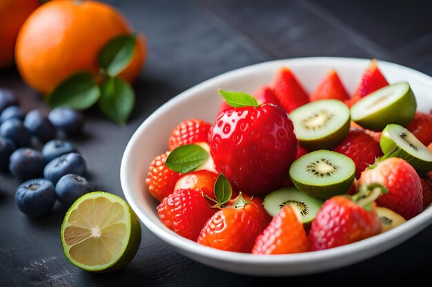 A bowl of strawberries, lime, and limes