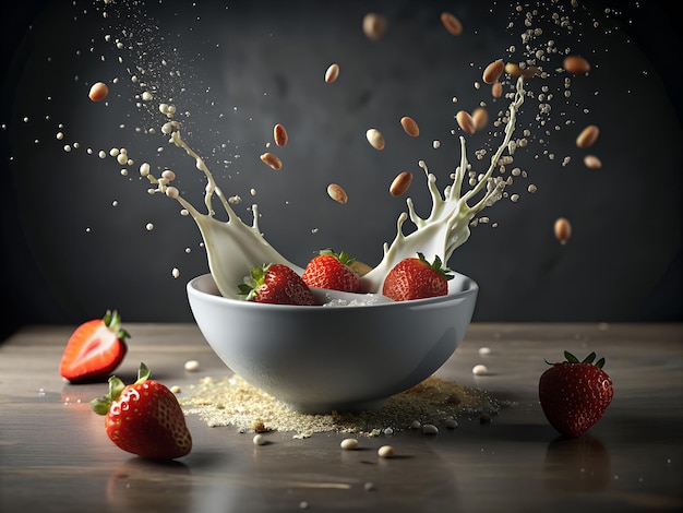 Foto una ciotola di fragole e latte con un cucchiaio di latte