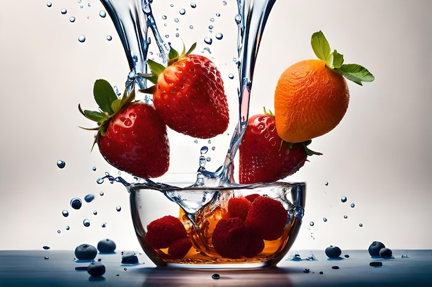 A bowl of strawberries and oranges is being poured into a glass bowl.