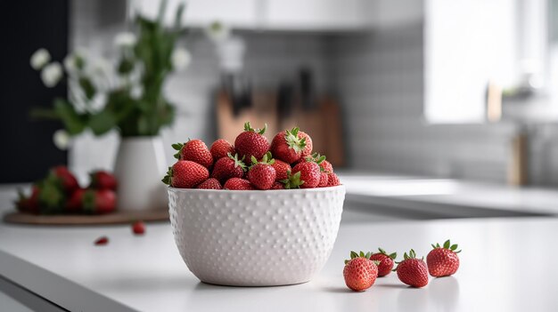 A bowl of strawberries sits on a kitchen counter.