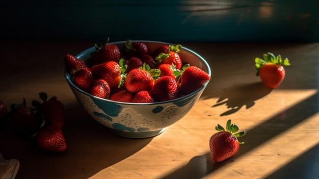 A bowl of strawberries sits on a table next to a strawberry.