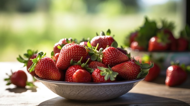 A bowl of strawberries on a table with a green background