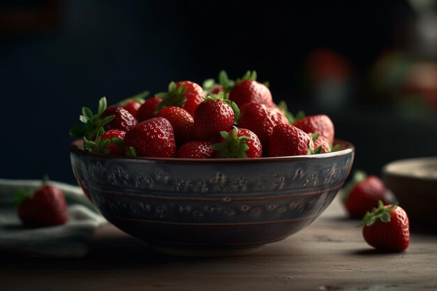 A bowl of strawberries on a table with a white cloth in the background.