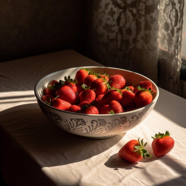 A bowl of strawberries on a table with a white cloth