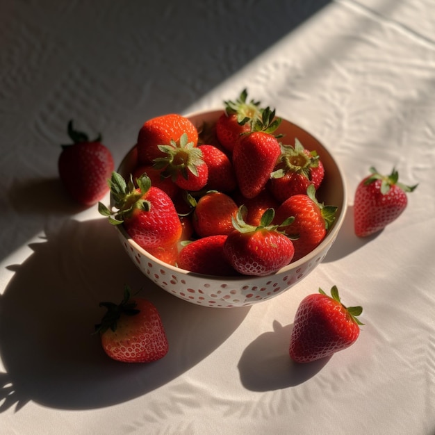 A bowl of strawberries on a table with a white cloth