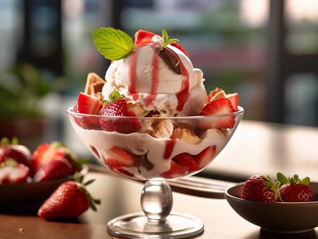 Bowl of strawberries and waffles with a mint leaf on top