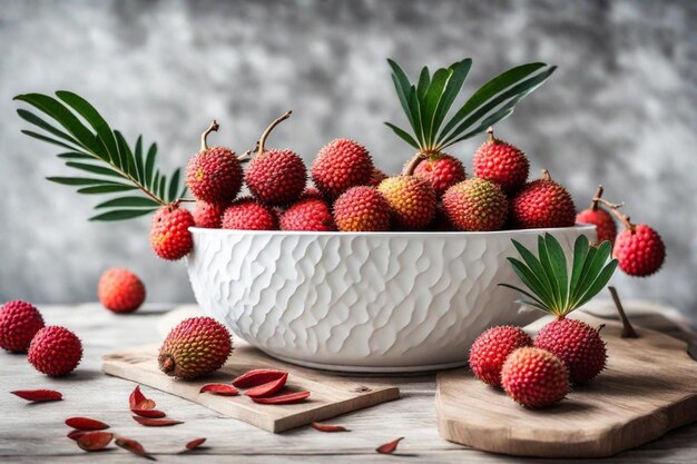 a bowl of strawberries with leaves and a strawberries in the background