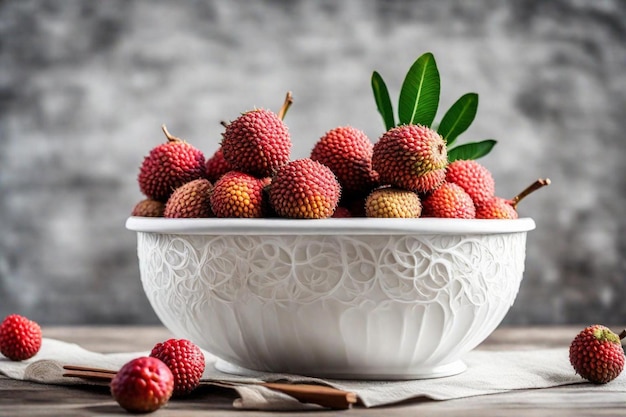 a bowl of strawberries with leaves on a table