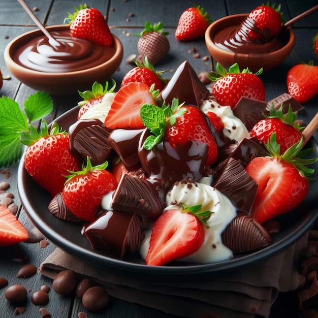 A bowl of strawberries with pieces of chocolate and cream on a dark wooden table