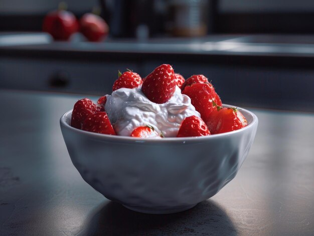 A bowl of strawberries with whipped cream on a counter