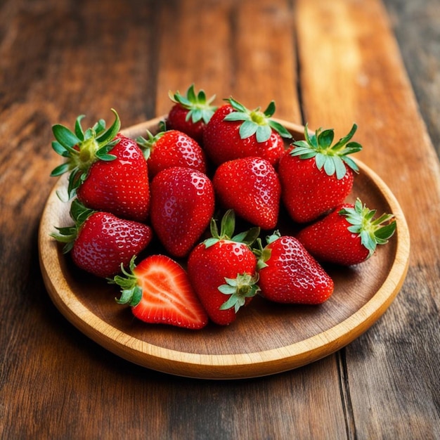 a bowl of strawberries with a wooden background