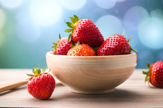 A bowl of strawberries on a wooden table with a blue background