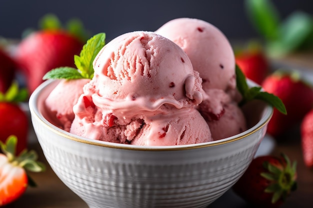 A bowl of strawberry ice cream with a few strawberries in the background