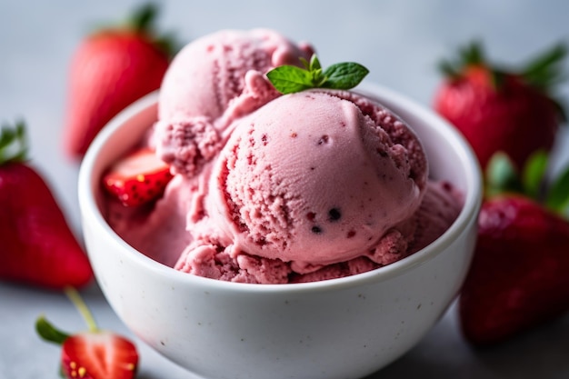 A bowl of strawberry ice cream with a few strawberries in the background