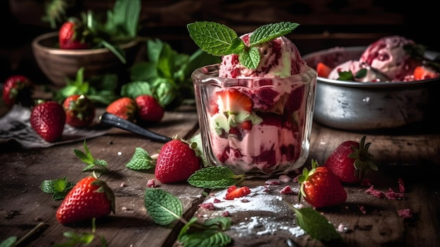 A bowl of strawberry ice cream with mint leaves on a wooden table