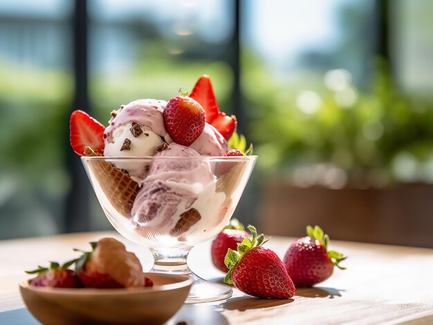 Bowl of strawberry ice cream with strawberries on a table