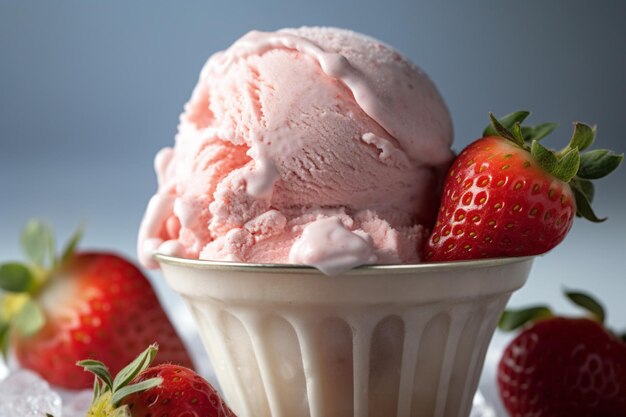 A bowl of strawberry ice cream with a strawberry on top.