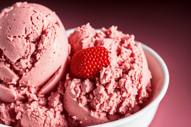 A bowl of strawberry ice cream with a strawberry on top