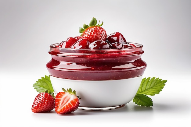 Bowl of strawberry jam isolated on white background