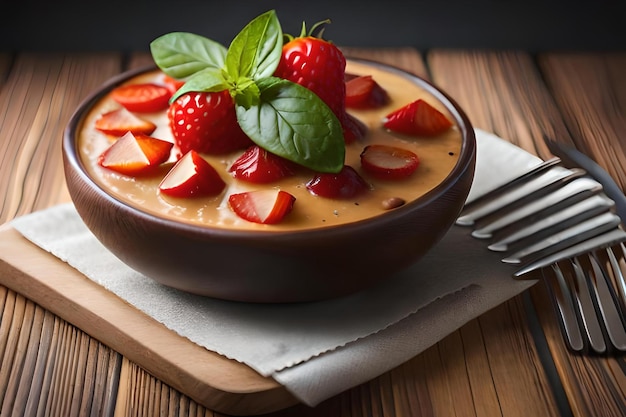 A bowl of strawberry sauce with basil leaves on a wooden table.