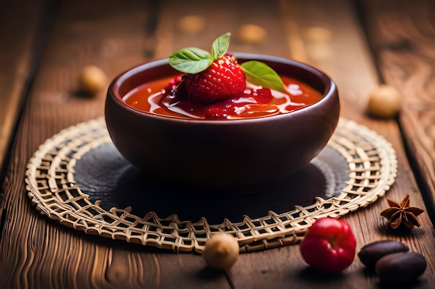 Photo a bowl of strawberry sauce with a spoon in it