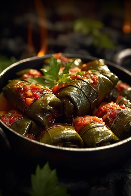 A bowl of stuffed cabbages with a red sauce.