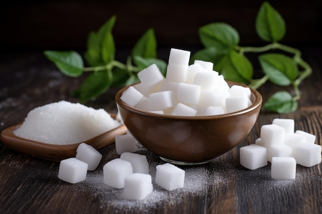 A bowl of sugar cubes and a spoon with sugar