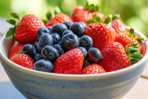 Bowl of summer berries focus on ripe strawberries and blueberries soft morning light