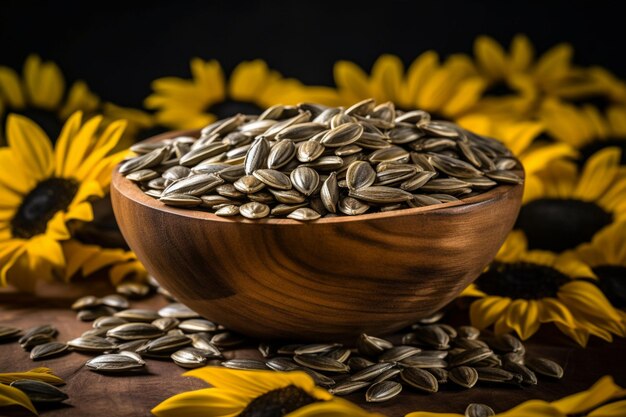 A bowl of sunflower seeds sits on a table.