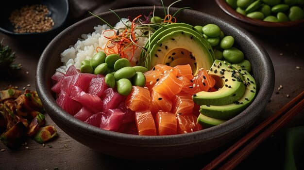 A bowl of sushi with avocado, avocado, and avocado.