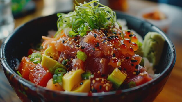 Foto una ciotola di sushi con avocado e alghe la ciotola è nera e il cibo è colorato