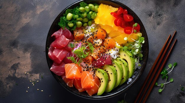 A bowl of sushi with salmon on it