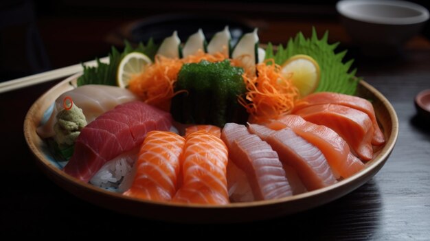 A bowl of sushi with a variety of sashimi.