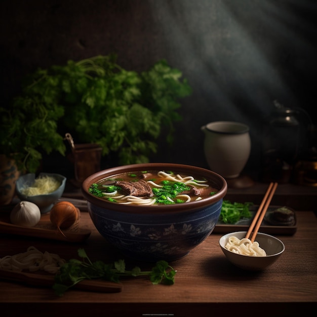 Bowl of taiwans signature beef noodle soup garnished with fresh green onions and cilantro