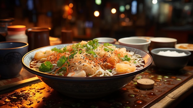 국수로 채워진 대만의 맛있는 유명한 길거리 음식 단수이 아게이 한 그릇