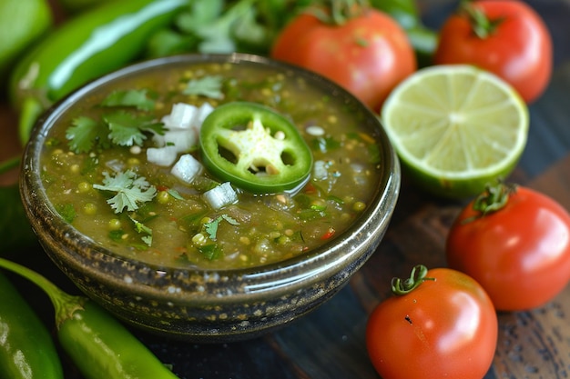 A bowl of tangy tomatillo salsa verde for dressing chilaquiles