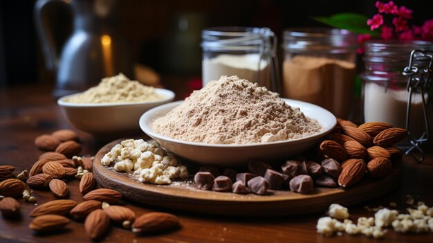 Foto una ciotola di farina gustosa con latte e ingredienti sulla tavola