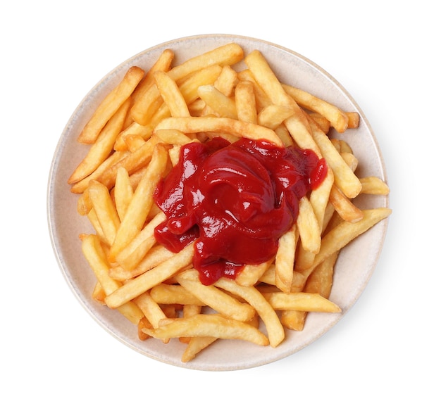 Bowl of tasty french fries with ketchup isolated on white top view