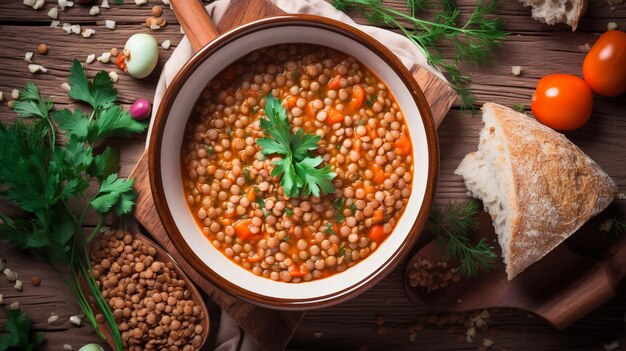 Una ciotola di saporita zuppa di lenticchie sul tavolo